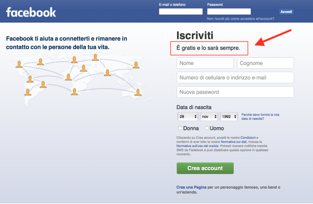 Vecchia homepage di Facebook
