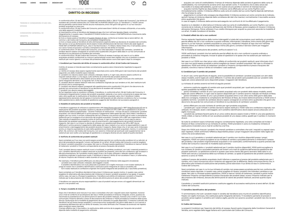 Condizioni di recesso Yoox 